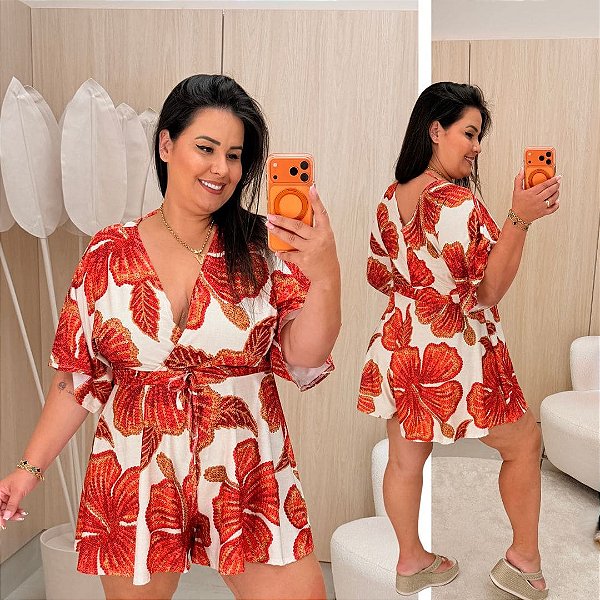 Macaquinho Nina Verão Branco e Vermelho Plus Size