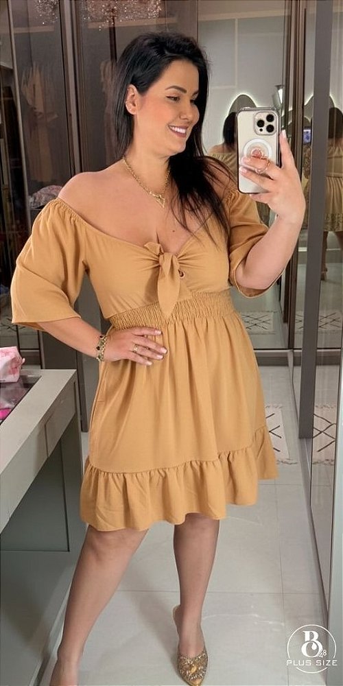 Vestido Susan Manga Marrom Claro Plus Size