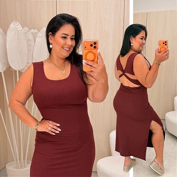 Vestido Mid Canelado Grazi Marsala Plus Size