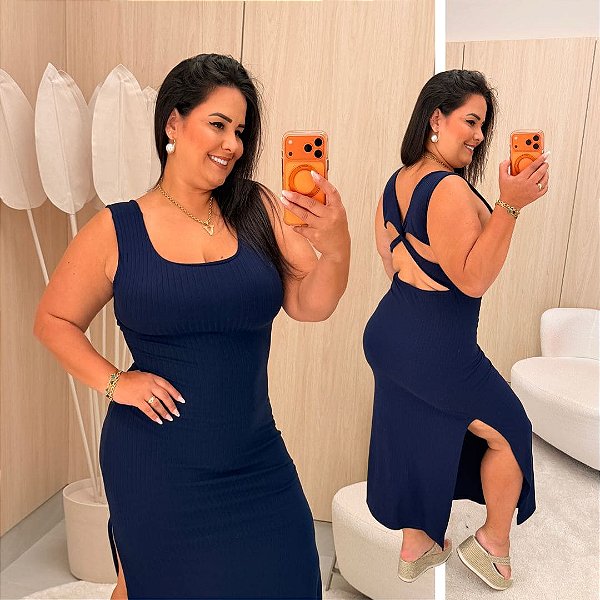 Vestido Mid Canelado Grazi Azul Plus Size