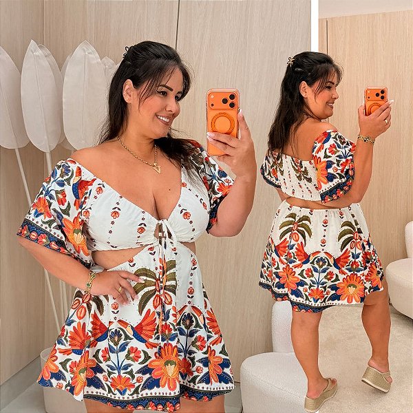 Macaquinho Carla Estampado Azul e Laranja Plus Size
