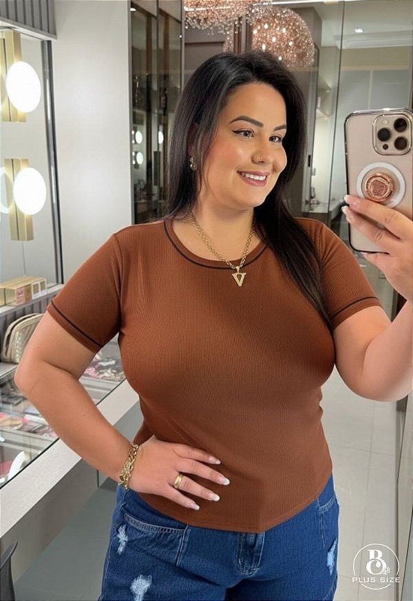 Blusa Manga Ribana Marrom Plus Size