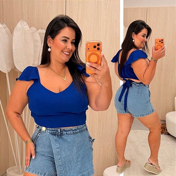 Cropped Alça Babado Azul Royal Plus Size