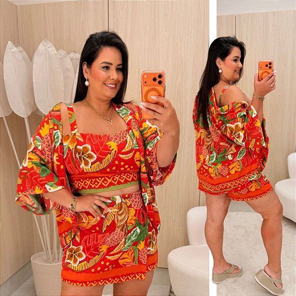 Trijunto Kimono Laranja Estampado Plus Size