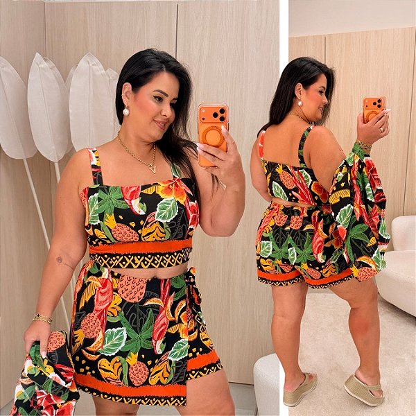 Trijunto Kimono Preto Estampado Plus Size