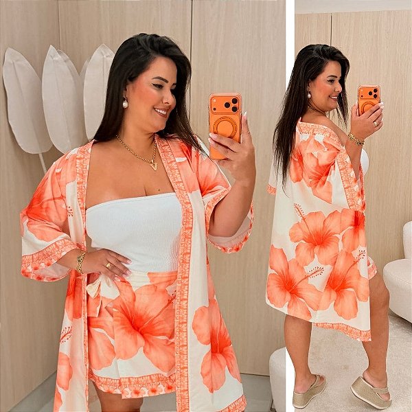 Conjunto Kimono Cibele Estampado Laranja Plus Size