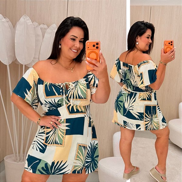 Macaquinho Andressa Estampado Verde Plus Size