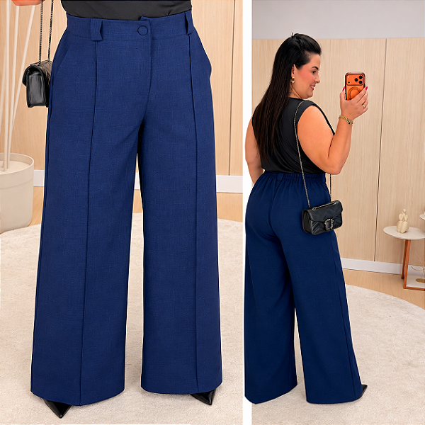 Pantalona Linhão Jussara Azul Marinho  Plus Size