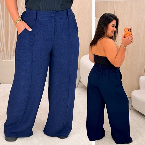 Pantalona Linhão Jussara Azul Marinho  Plus Size