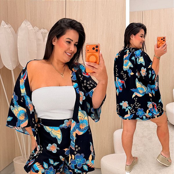 Conjunto Kimono Cindy Verão Preto e Azul Plus Size