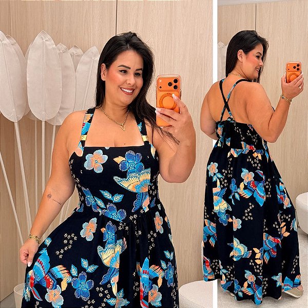 Vestido Celeste Preto e Azul Flores Verão Plus Size