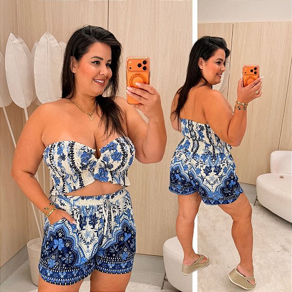 Conjunto Grécia Estampado Azul Plus Size