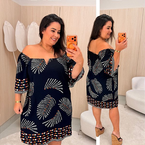 Vestido Giovana Preto Estampado Plus Size