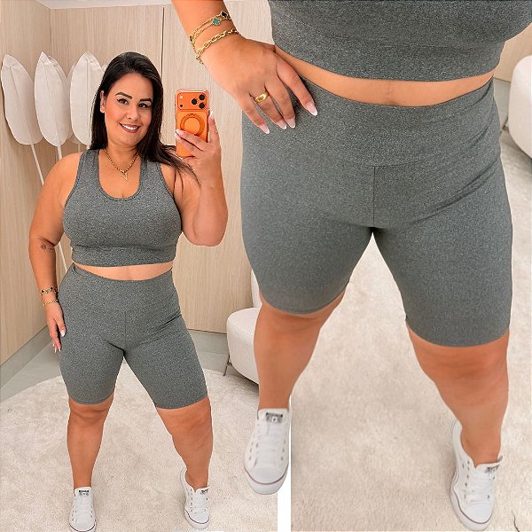 Conjunto Fit Bermuda Cinza Plus Size