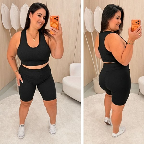 Conjunto Fit Bermuda Preto Plus Size