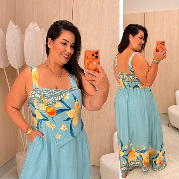 Vestido Beatriz Azul Estampado Plus Size