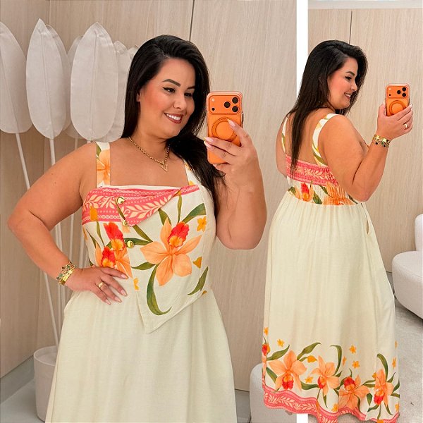 Vestido Beatriz Bege Estampado Plus Size