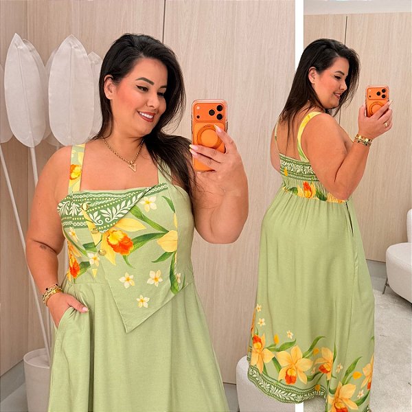 Vestido Beatriz Verde Estampado Plus Size