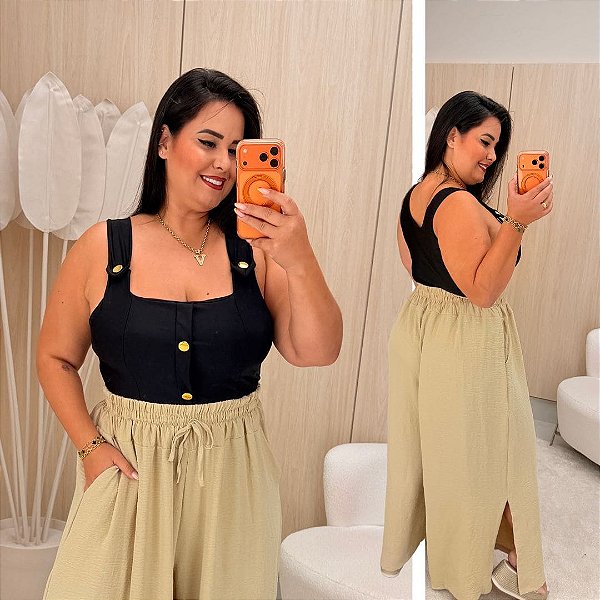 Blusa Regata Botão Heloísa Preta Plus Size