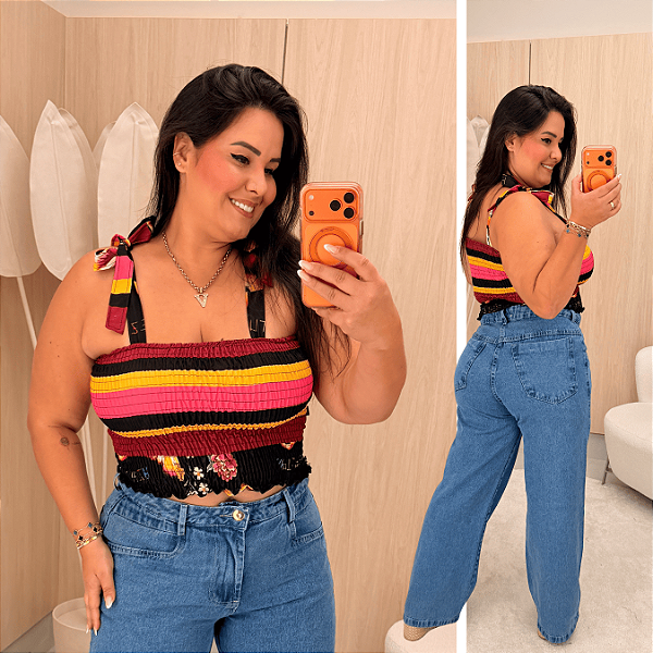 Cropped Elastex Alça Listra Preto e Amarelo Plus Size