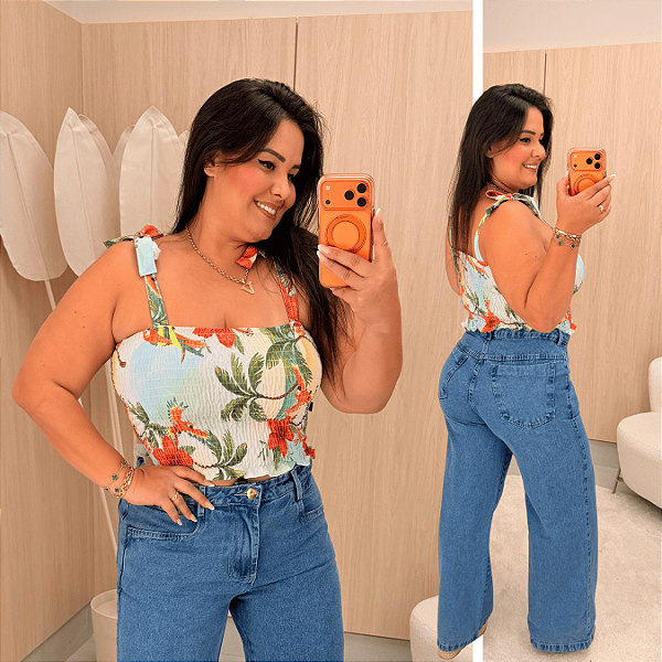 Cropped Elastex Alça Estampado Branco e Verde Coqueiros Plus Size