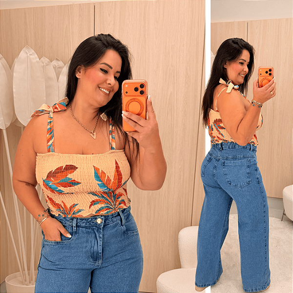 Cropped Elastex Alça Estampado Bege Vermelho Plus Size