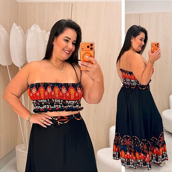 Vestido Multi Formas Estampado Laranja e Vermelho Plus Size