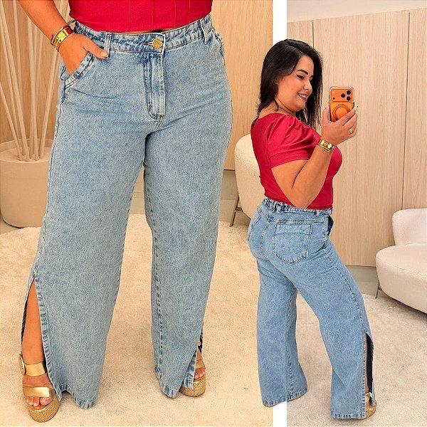 Calça Jeans Awa Wide Leg Fenda Zoe Plus Size