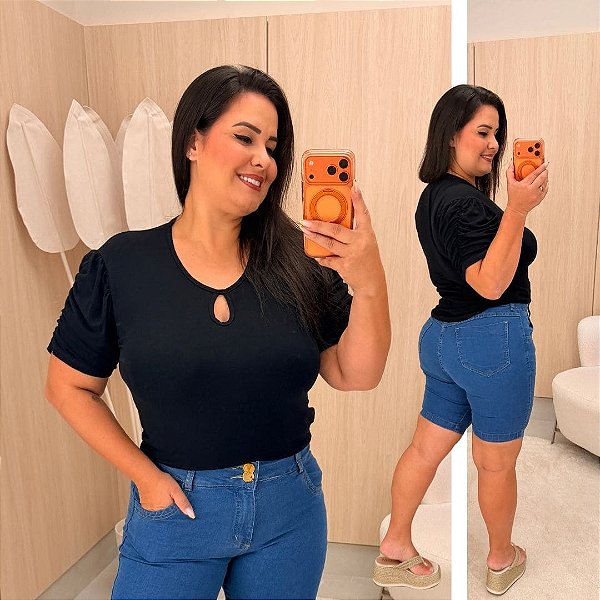 Blusa Gotinha Manga Diana Preta Plus Size