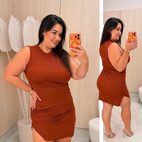 Vestido Canelado Raquel Terra Cota Plus Size