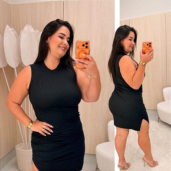 Vestido Canelado Raquel Preto Plus Size