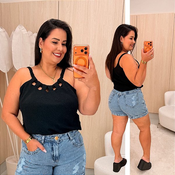 Blusa Alça Duna Trançada Jaque Preta Plus Size