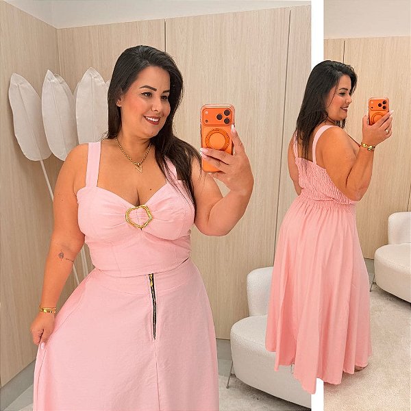 Conjunto Saia Longa Teresa Rosa Plus Size