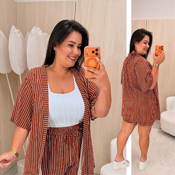 Conjunto Kimono Listra Elisa Terra Cota Plus Size