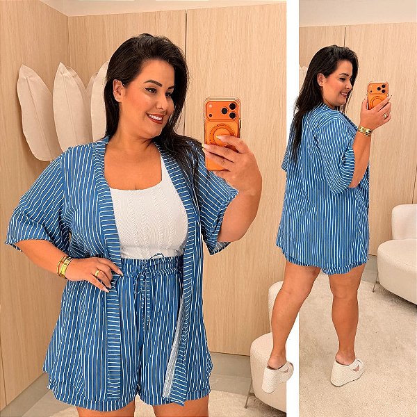 Conjunto Kimono Listra Elisa Azul Plus Size