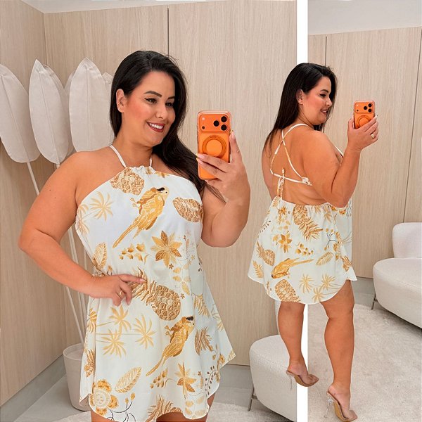 Macaquinho Ema Estampado Branco e Dourado Plus Size