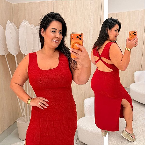 Vestido Mid Canelado Grazi Vermelho Plus Size