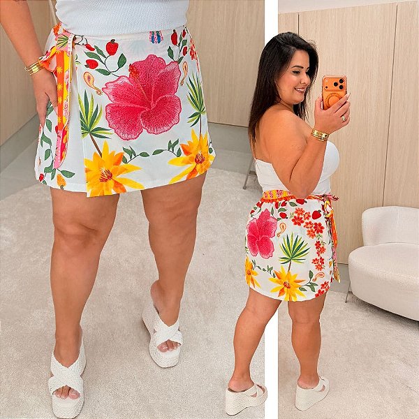 Short Saia Vip Mily Floral Rosa e Amarelo Plus Size