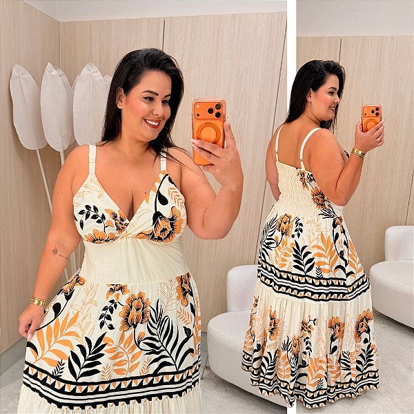 Vestido Alça Farm Bege Estampado Plus Size