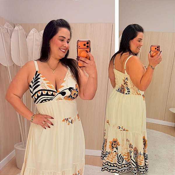 Vestido Alça Farm Bege Estampado Plus Size