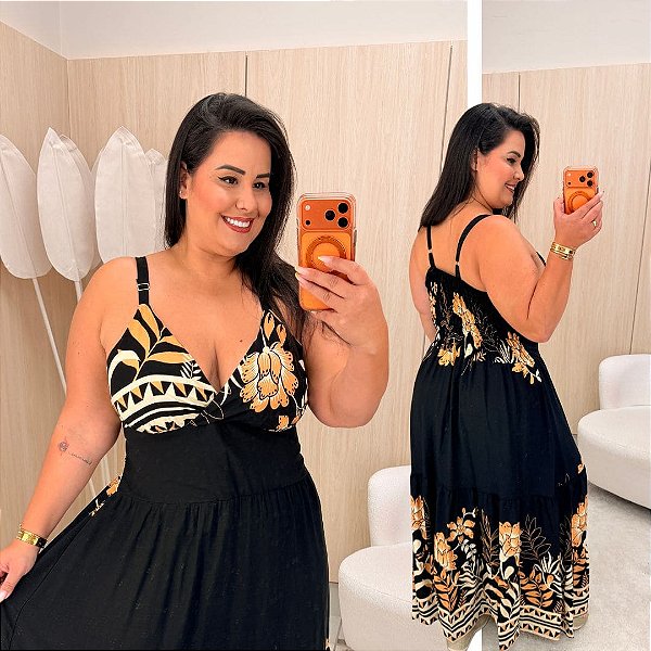 Vestido Alça Farm Estampado Preto e Bege Plus Size