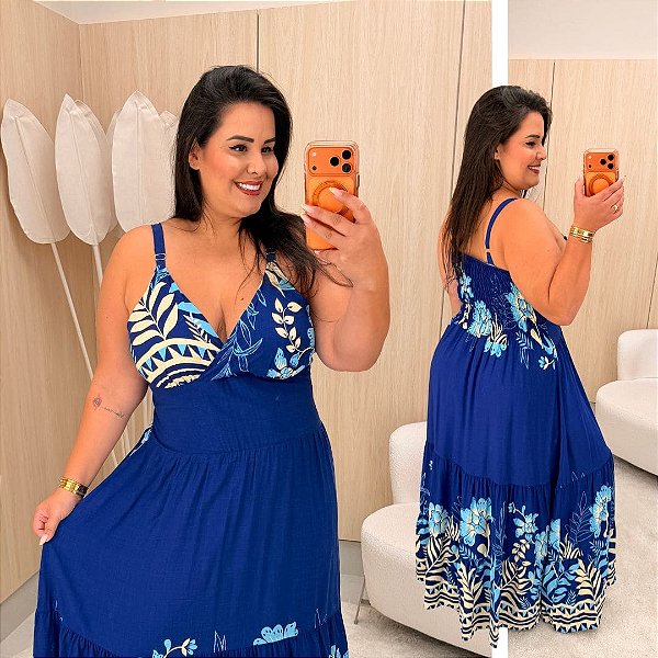 Vestido Alça Farm Azul Marinho Floral Plus Size
