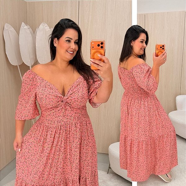 Vestido Manga Liz Rosa Floral Plus Size