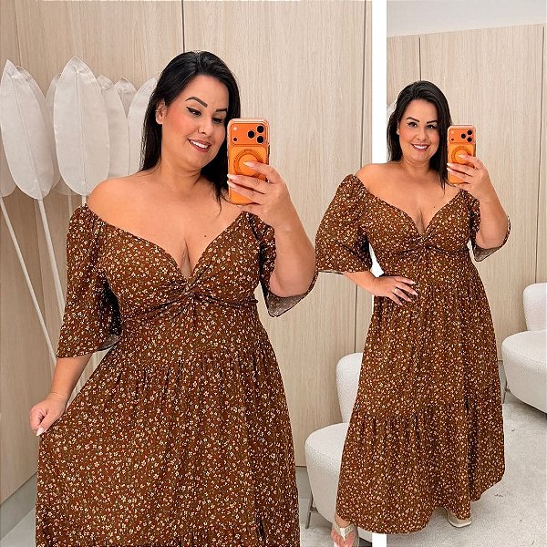 Vestido Manga Liz Marrom Floral Plus Size