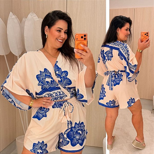 Conjunto Verão Muniz Floral Azul Plus Size