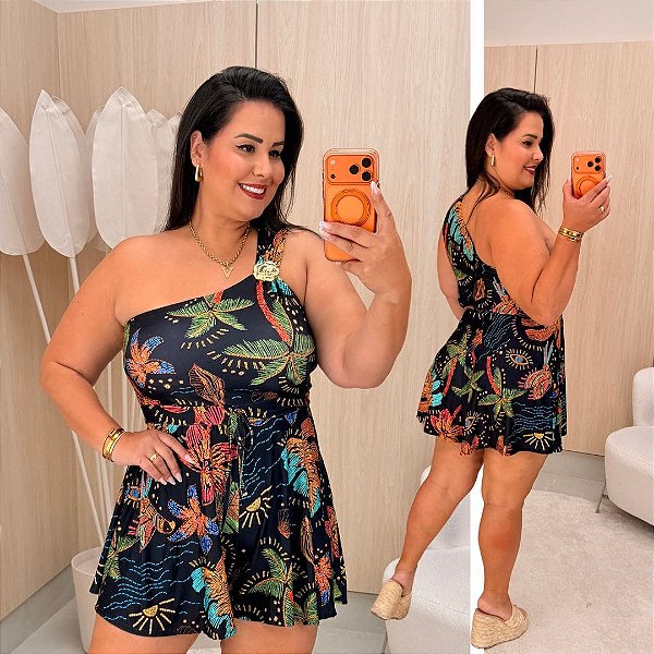 Macaquinho Nula Nina Preto Estampado Conchas Plus Size