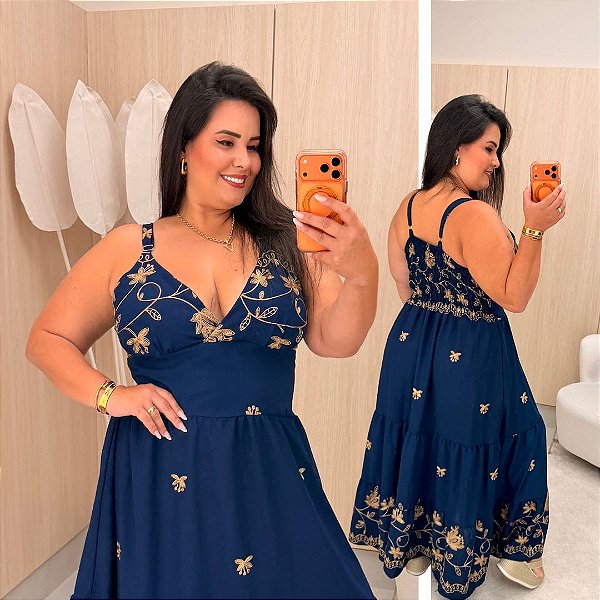 Vestido Alça Farm Bordado Azul Escuro Flor Plus Size