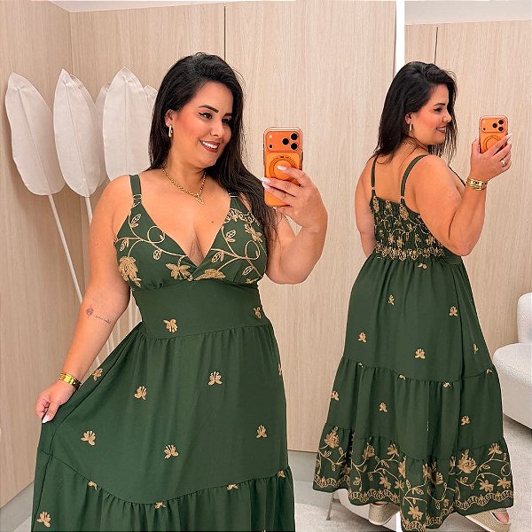 Vestido Alça Farm Bordado Verde Flor Plus Size