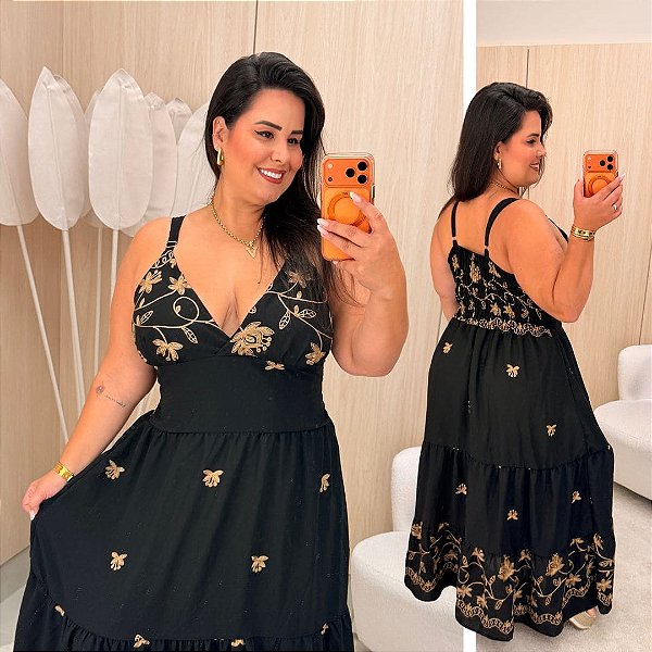 Vestido Alça Farm Bordado Preto Flor Plus Size