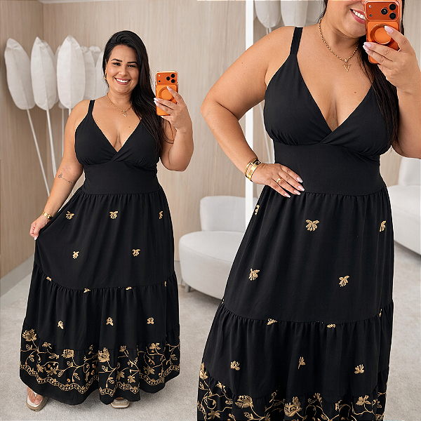 Vestido Alça Farm Bordado Preto Flor Plus Size